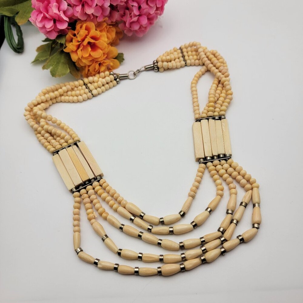 Vintage Hand Carved Buffalo Bone Necklace Multi Strand Layered 22" Silver Tone